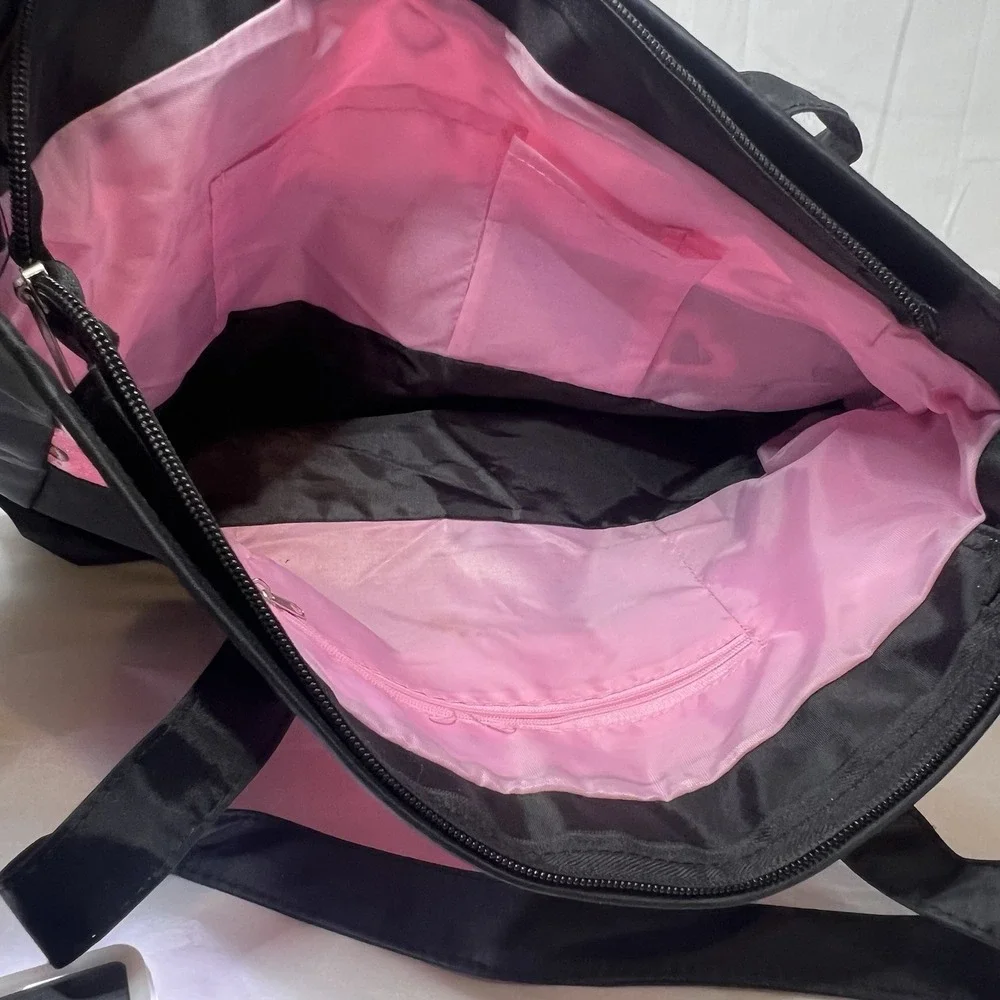 Girls Black Pink Dance Bag Hearts Nylon With‎ Pink Interior And Zipper Pouch